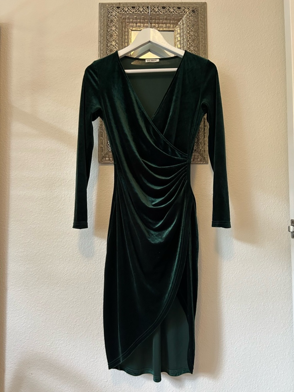 Emerald Green Velvet Wrap Midi Dress
